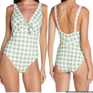 Robin Piccone Jemma Tie Front Green and White Gingham One-Piece Swimsuit Size 12
